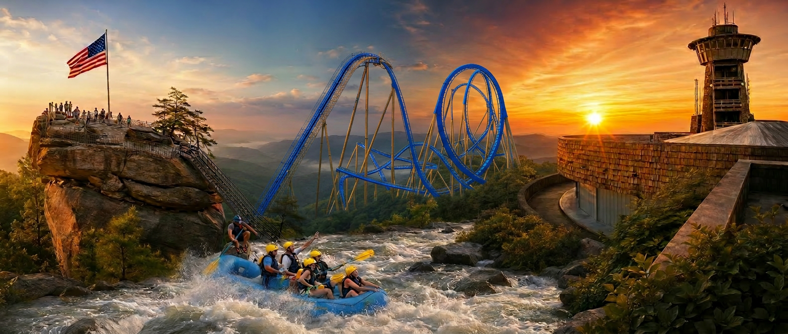 Chimney Rock, whitewater rafting and Brasstown Bald tower at sunset